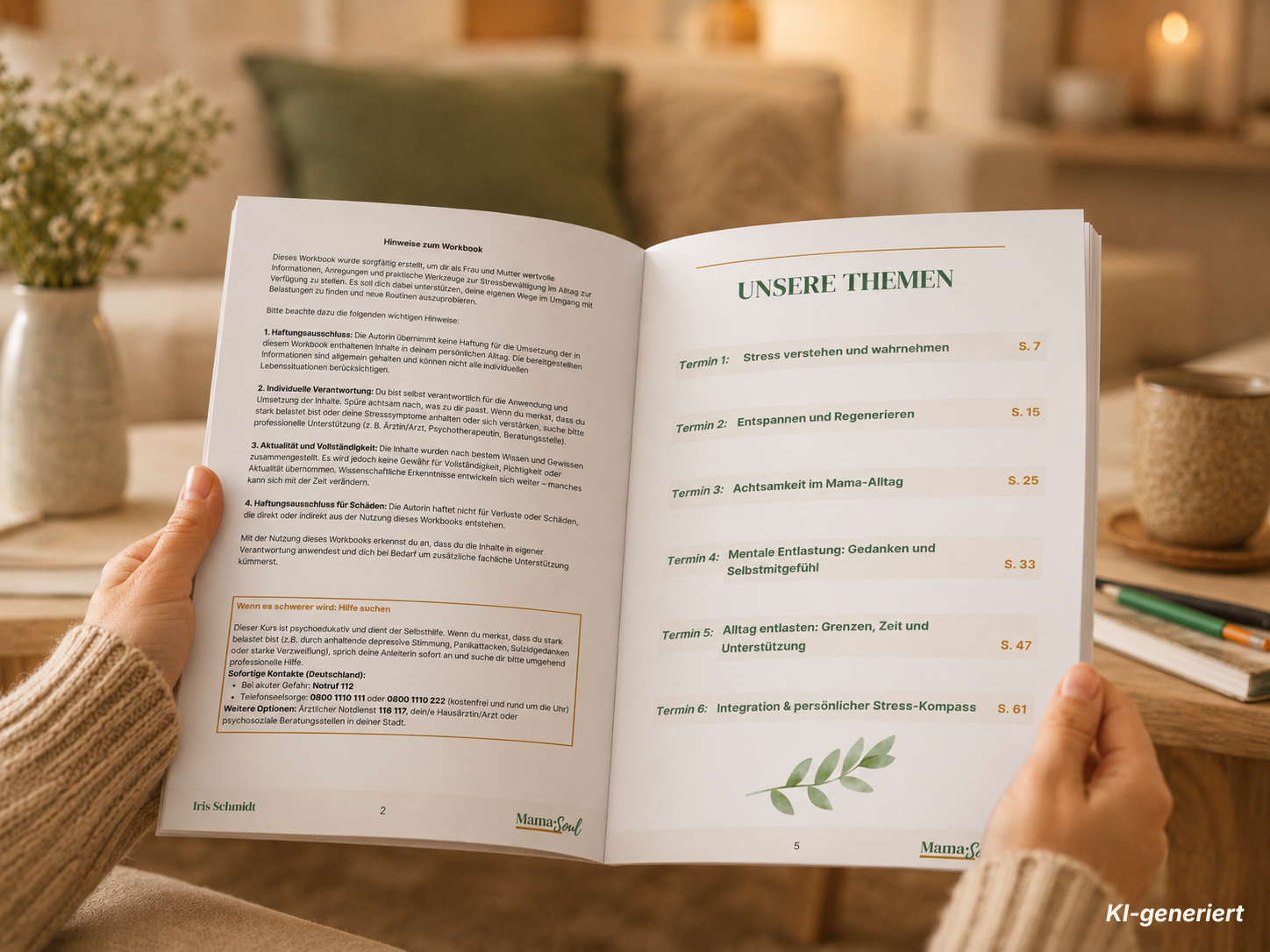 Teilnehmerin blättert im Workbook KI-Bild